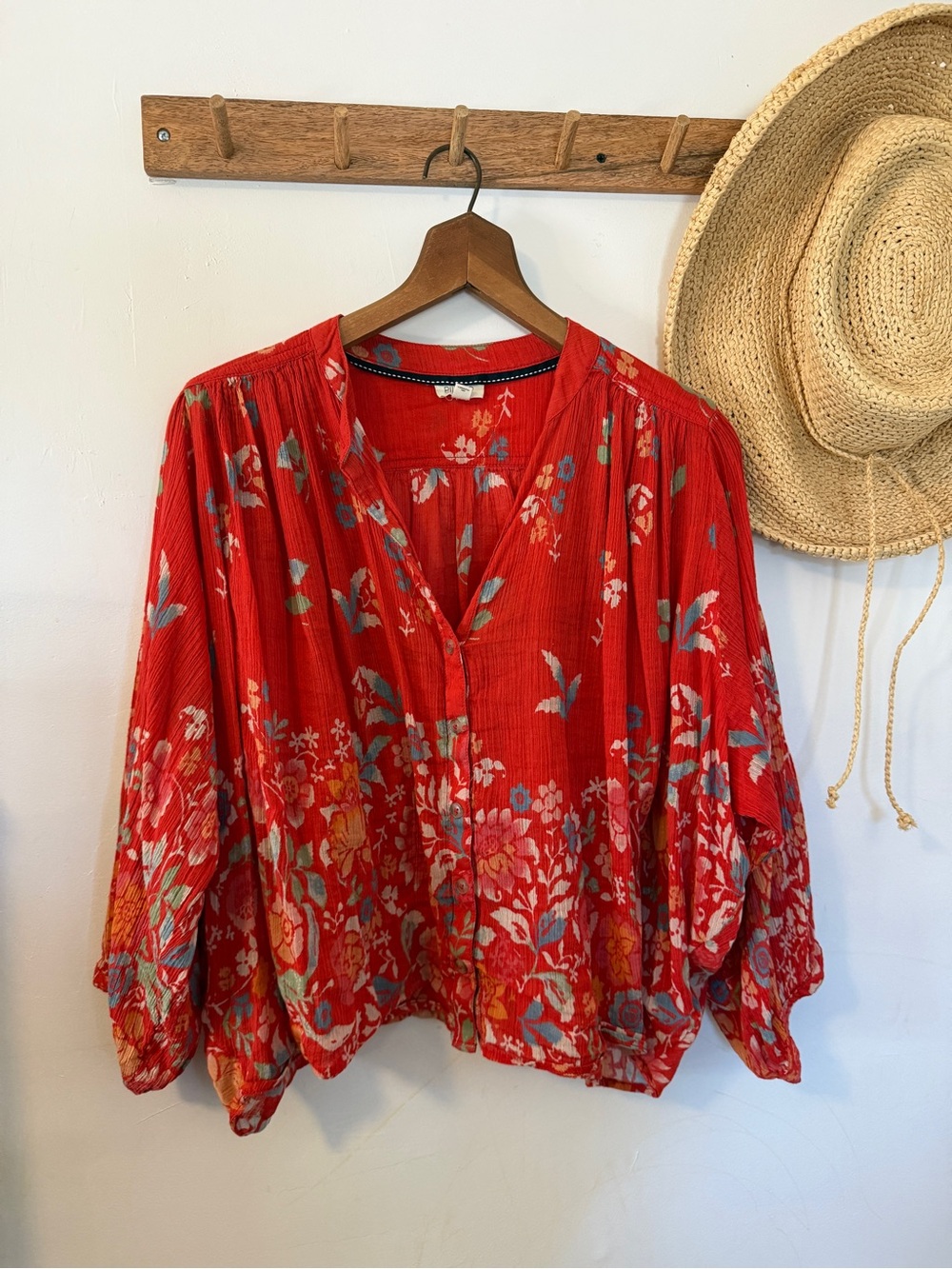 Pilcro Women’s Red Floral Batwing Peasant Blouse